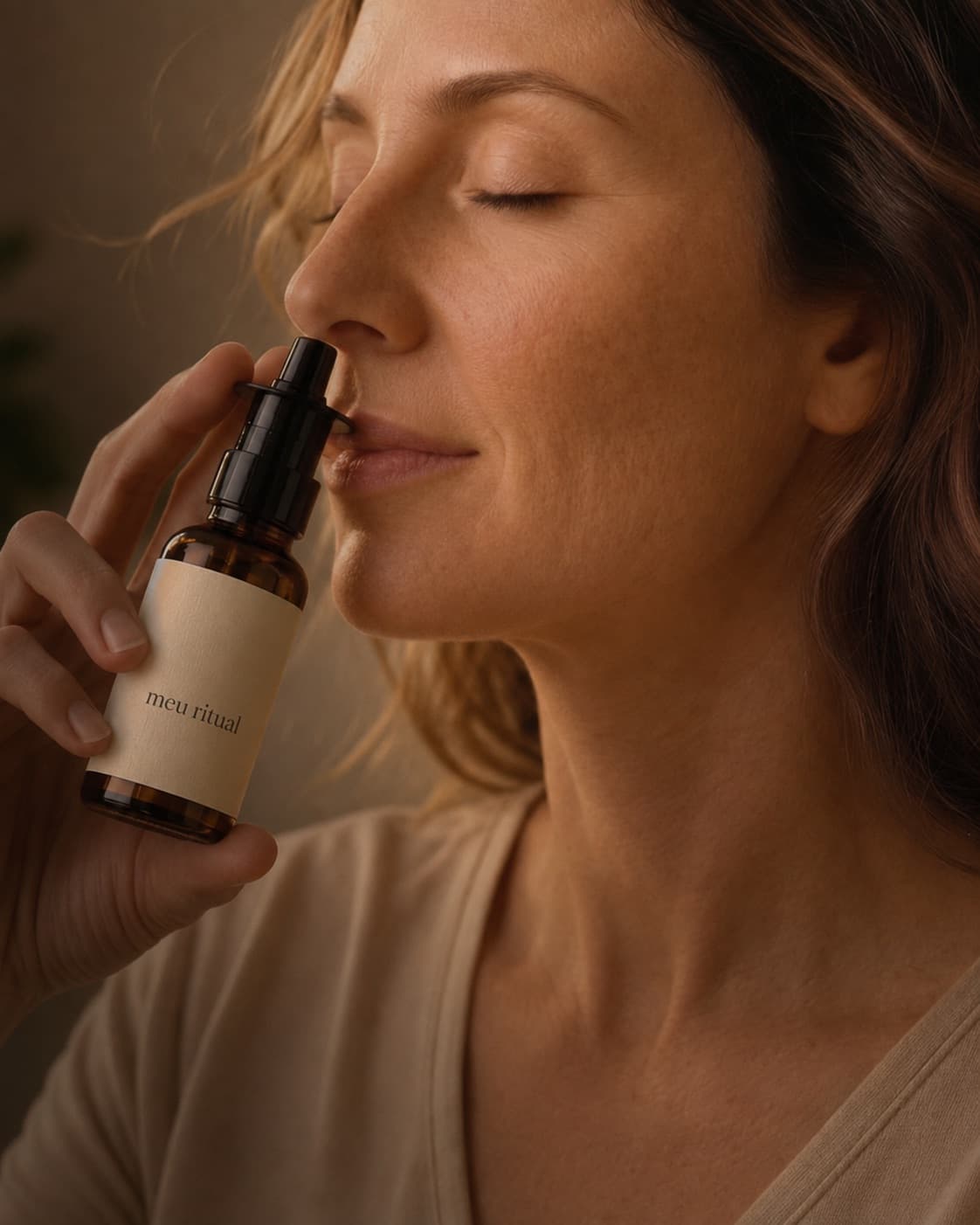 Mulher aplicando o spray nasal Celleá em um ambiente calmo